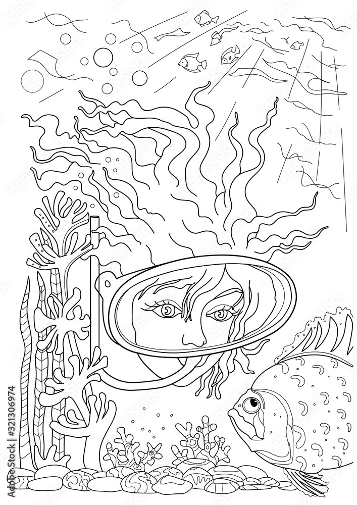 Coloring pages. Girl in a mask under water.