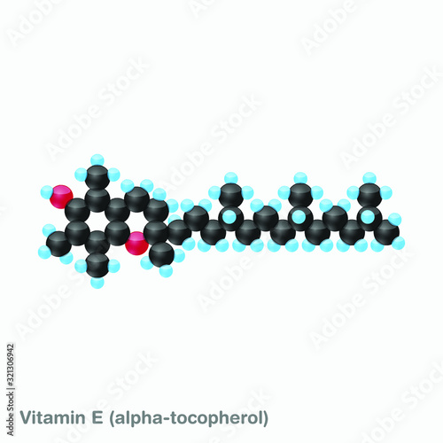 The molecule of vitamin E (alpha-tocopherol). Vector illustration in 3d style, isolated on white background.