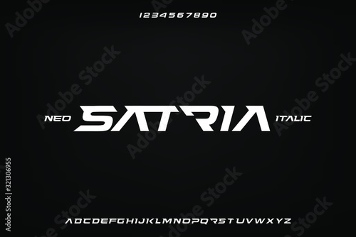 Satria, an italic abstract technology sporty theme alphabet font. digital space typography vector illustration design