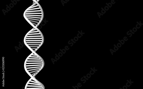 Dna on a black background. The dna chain is white. Medicine, science, research. Genetic Engineering. 3D rendering