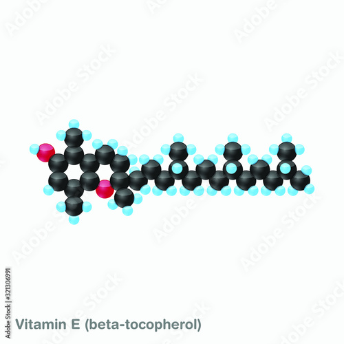 The molecule of vitamin E (beta-tocopherol). Vector illustration in 3d style, isolated on white background. photo