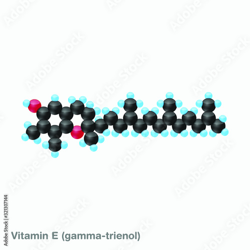 The molecule of vitamin E (gamma-trienol). Vector illustration in 3d style, isolated on white background.