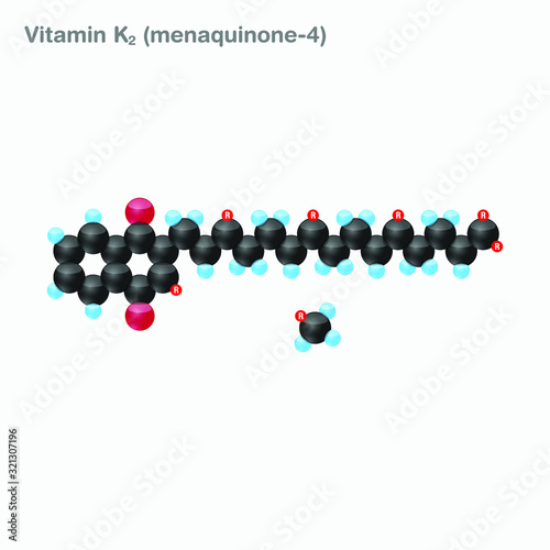 The molecule of vitamin K2 (menaquinone-4). Vector illustration in 3d style, isolated on white background.