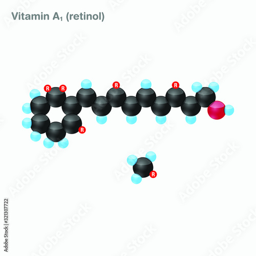 The molecule of vitamin A1 (retinol). Vector illustration in 3d style, isolated on white background.
