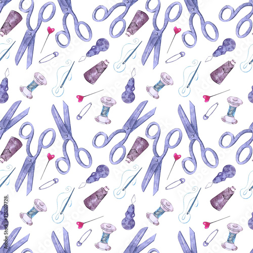 Watercolor seamless pattern with sewing accessories and attributes. Parts and tools for tailors