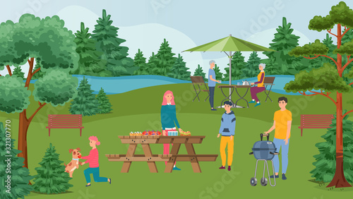 Happy family barbecue party, bbq and people on picnic with grilled food and barbeque, summer in nature outdoors vector illustration. Mother, father cooking barbecue, kids with dog and grandparent.