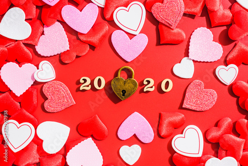 2020 celebrates Valentine's Day with a red background full of love hearts.