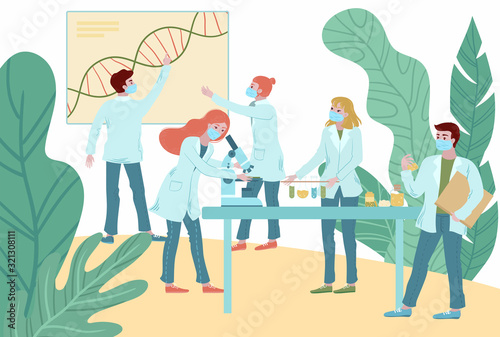 Coronavirus antivirus medical research vector illustration, people doctors team working science laboratory. Men, women medics group try to fined coronavirus antivirus vaccine.