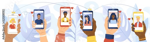 Online Dating Service concept with app on a line of handheld mobile phones showing colorful portraits of different men and women against a foliate background, vector illustration