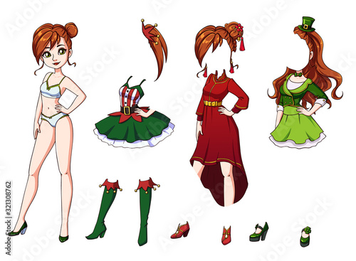 Cute dress up paper doll with red hair. Christmas, Lunar New Year, Saint Patrick's Day.