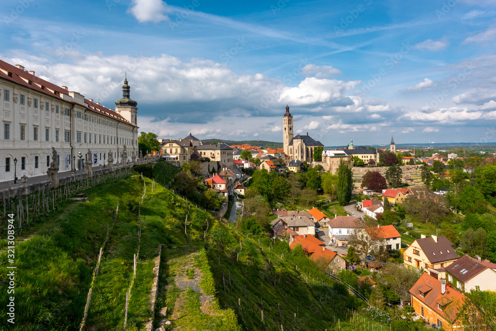 Panoramic view of Kutna Hora medival city in Czech Republic (Bohemia, Czechia)  with a view on Barborska Street and Jesuit Collage on the left and its winery