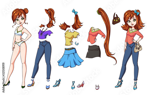 Cute dress up paper doll. Girl with red hair. Body template, haircuts, underwear, clothes and accessories.
