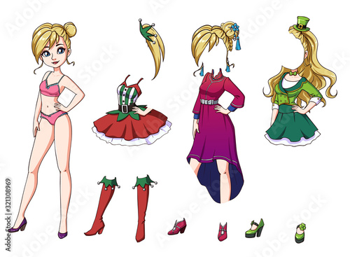Cute dress up paper doll with blonde hair. Christmas, Lunar New Year, Saint Patrick's Day.