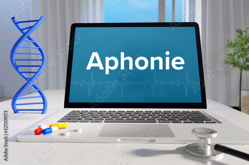 Aphonie – Medizin/Gesundheit. Computer im Büro mit Begriff auf dem Bildschirm. Arzt/Gesundheitswesen