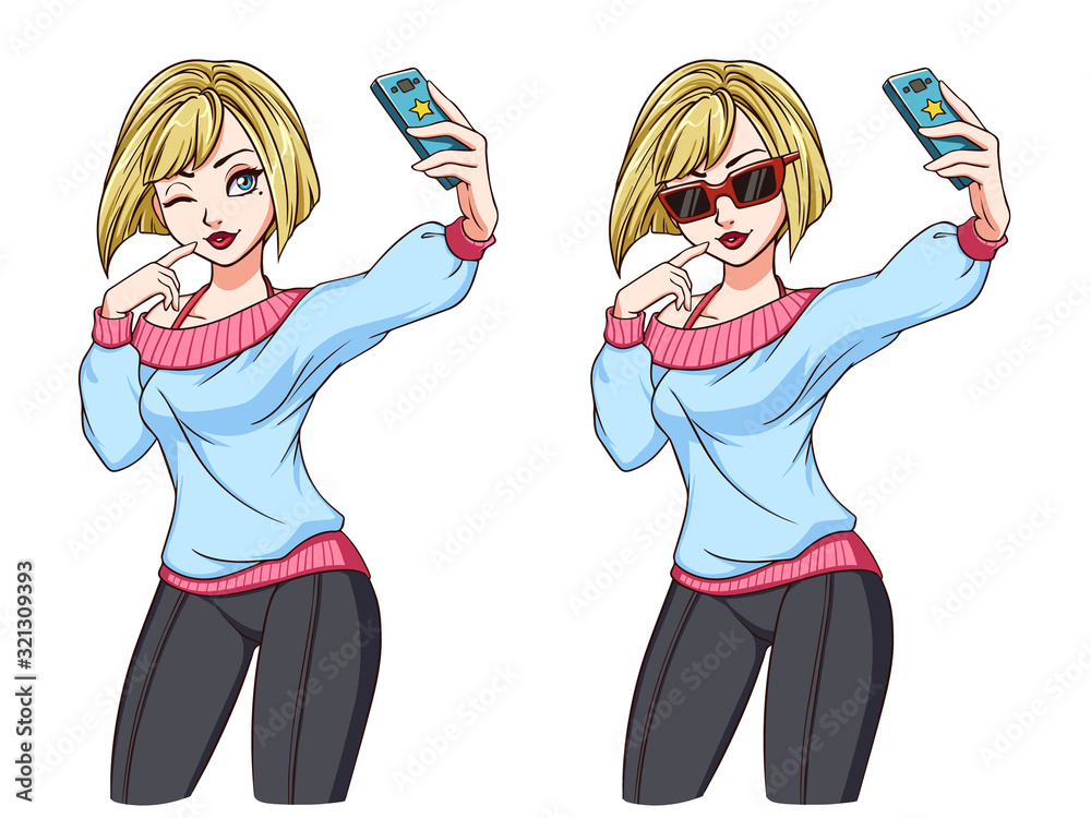 Sexy cartoon girl takes a selfie. Blondie girl in blue shirt, leggings and red sunglasses. Sexy cartoon girl takes a selfie. Blondie girl in blue shirt, leggings and red sunglasses.