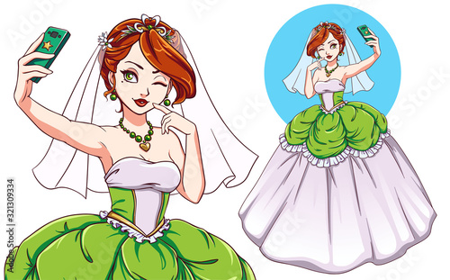 Pretty cartoon bride taking selfie.  Girl with red hair wearing wedding dress and veil. Hand drawn vector illustration isolated. Can be used for t-shirt template, children mobile games, books, cards.