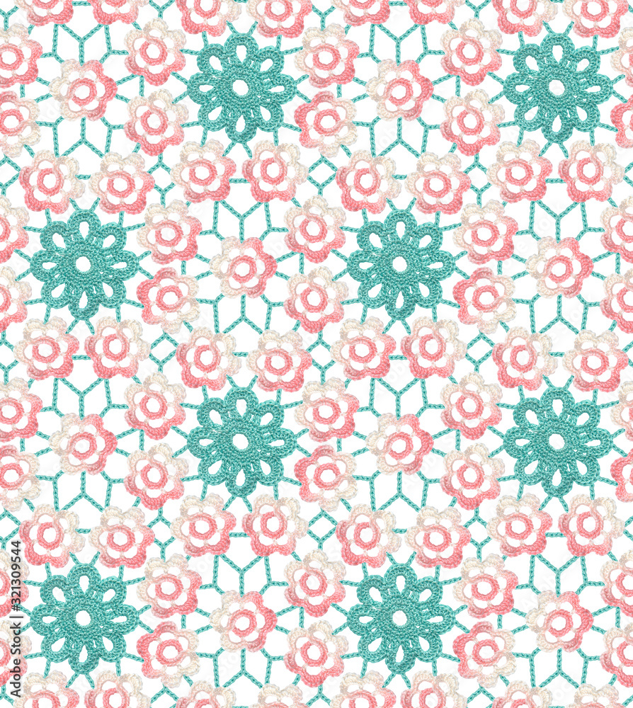 Seamless irish lace pattern of pink and cyan flowers. The cloth is crocheted.