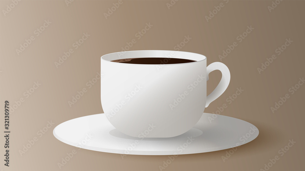 Realistic cup with coffee. Vector. White cup on a saucer side view. Espresso isolated on a white background. Realistic cup with coffee. Vector. White cup on a saucer side view. Espresso isolated on a white background.