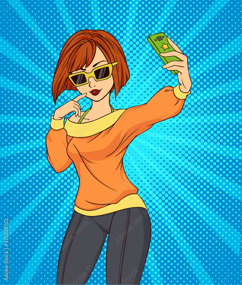 Sexy Cartoon Girl Takes A Selfie Pop Art Style Hand Drawn Vector Illustration Stock Vector