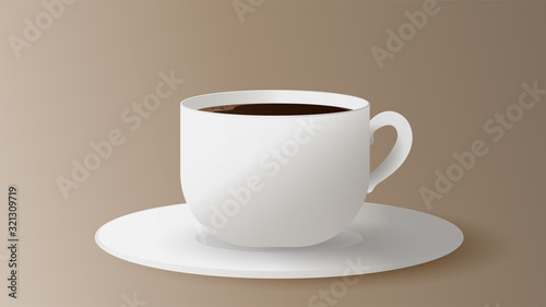 Realistic cup with coffee. Vector. White cup on a saucer side view. Espresso isolated on a white background.