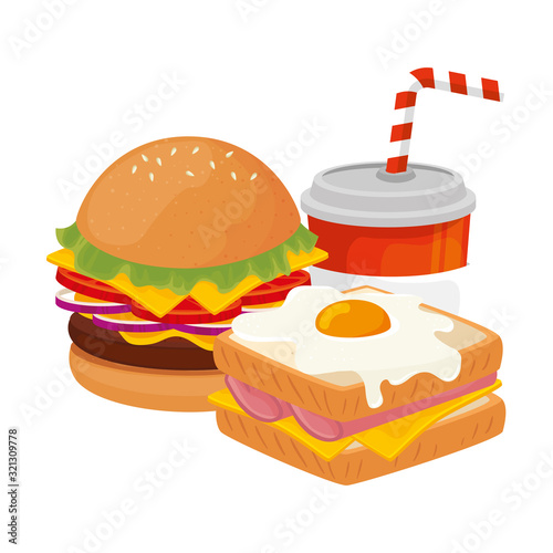 delicious burger with sandwich and drink fast food icon vector illustration design