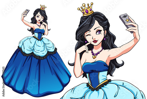 Pretty cartoon princess taking selfie. Brunette girl wearing blue royal dress and golden crown.