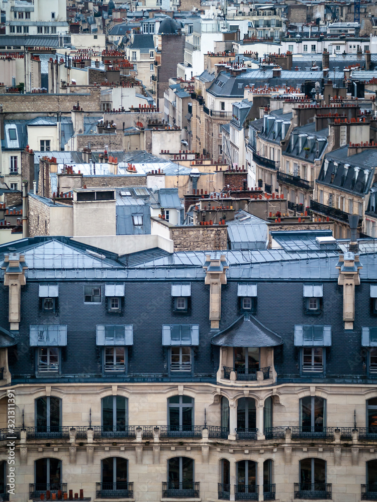 Paris, France aerial view of city old traditional classic buildings wet rooftops, a rainy winter day.