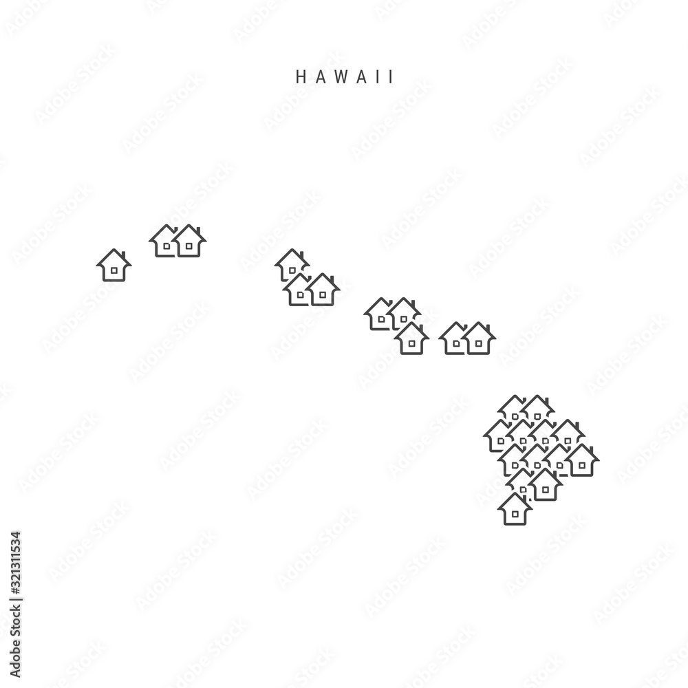 Hawaii real estate property map. Icons of houses in the shape of a map of Hawaii. Vector illustration