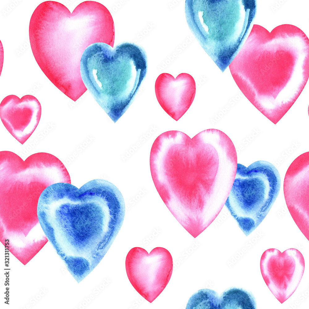 Watercolor seamless pattern with hand painted watercolor hearts, bright colors. Stock illustration, Valentine's day, romantic post cards, wrapping paper. Fabric wallpaper print texture.