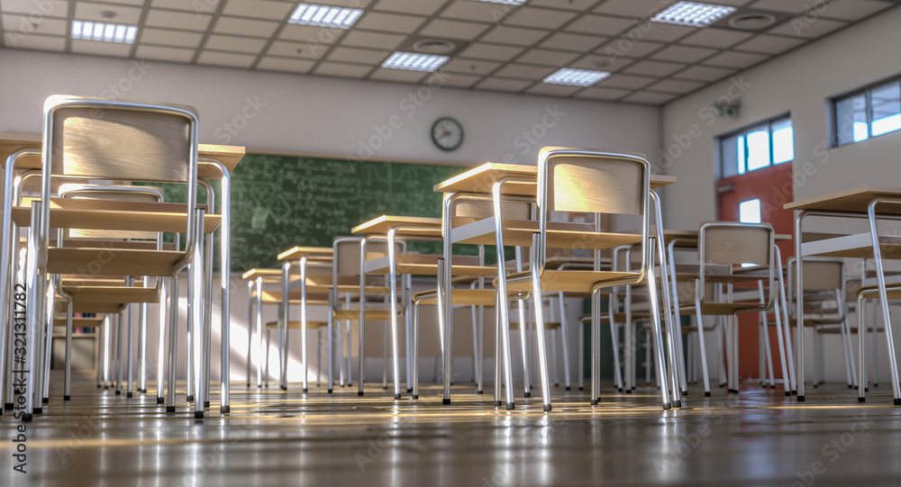 Fototapeta interior of a traditional style school with chairs and wooden desks