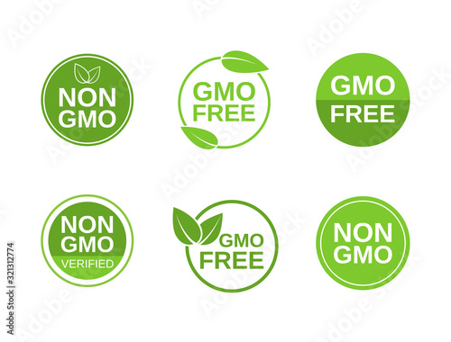 Non GMO label set. GMO free icons. No GMO design elements for tags, product packag, food symbol, emblems, stickers. Healthy food concept. Vector illustration