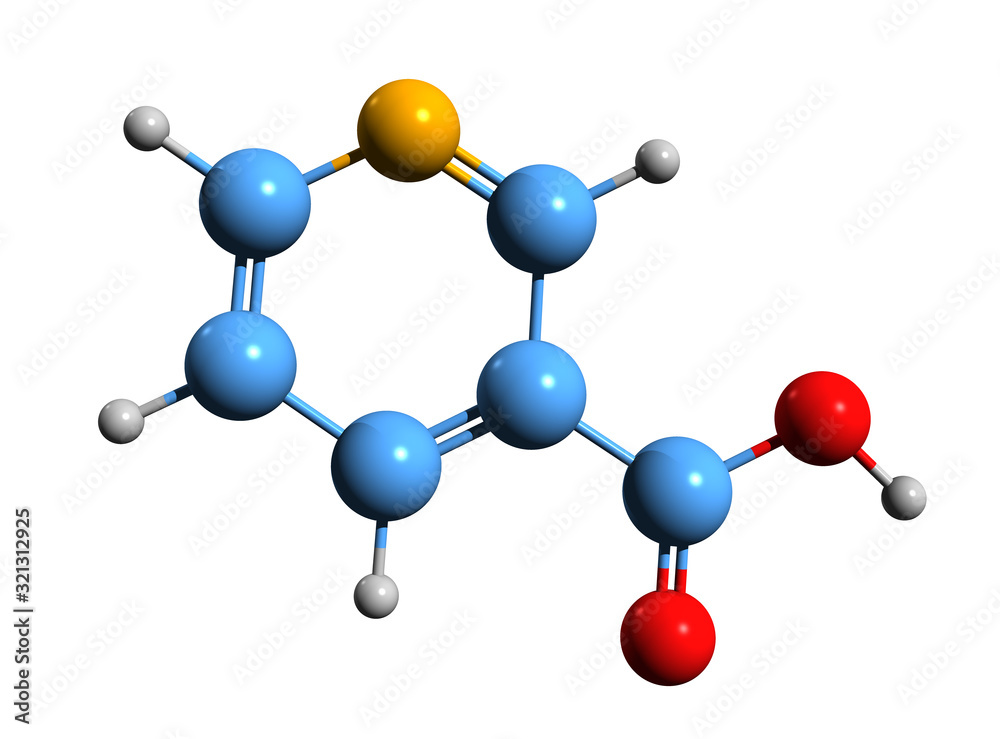 3D image of nicotinic acid skeletal formula - molecular chemical structure of niacin or vitamin B3 isolated on white background 3D image of nicotinic acid skeletal formula - molecular chemical structure of niacin or vitamin B3 isolated on white background