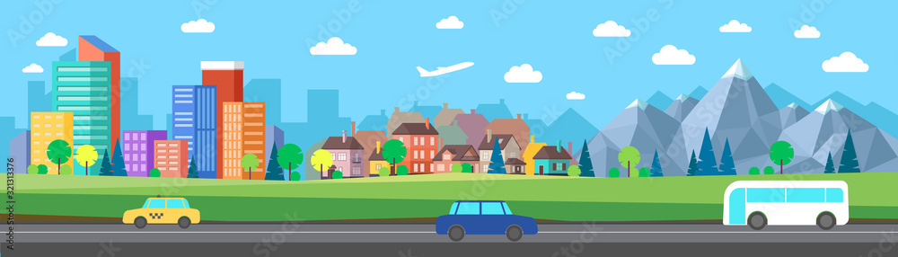 Flat vector cartoon style illustration of urban landscape road with cars, skyline city office buildings and family houses in small town village in backround with forest and mountain. Background