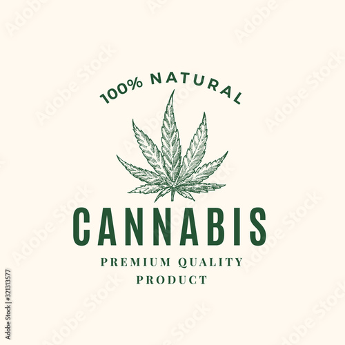 Premium Quality Cannabis Abstract Vector Sign, Symbol or Logo Template. Hand Drawn Green Hemp Leaf Sketch Sillhouette with Retro Typography. Vintage Luxury Medicine Herb Emblem.