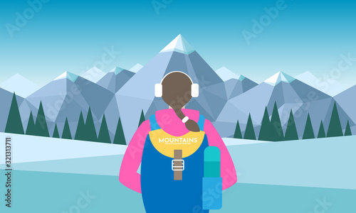 Woman an with backpack in winter ear bandage, with thermos, traveller or explorer standing and looking on valley. Concept of discovery, exploration, hiking, adventure tourism and travel. Flat vector  