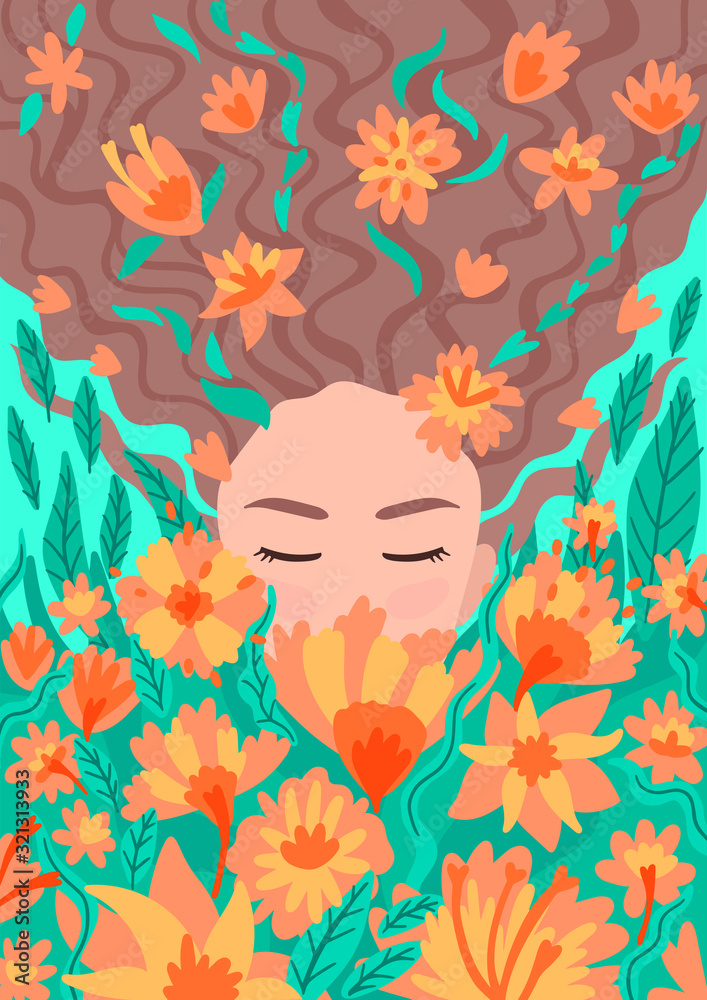 Portrait of girl in flowers, plants and flowers in her hair. Vector illustration. Portrait of girl in flowers, plants and flowers in her hair. Vector illustration.