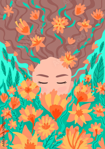 Portrait of girl in flowers, plants and flowers in her hair. Vector illustration.
