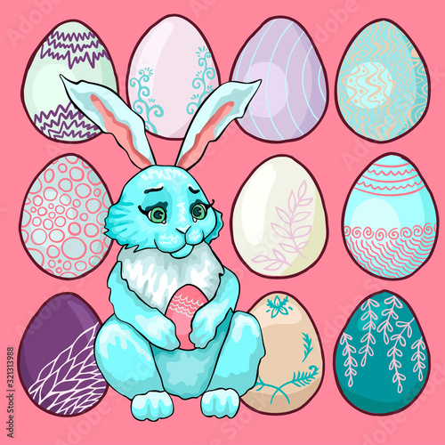 A pattern of different colored Easter eggs and a bunny holding an egg in its paws.