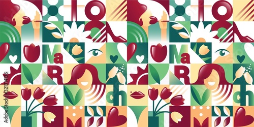 Seamless red and green spring pattern for 8 march women`s day celebration with holiday symbols in geometric style. Vector illustration