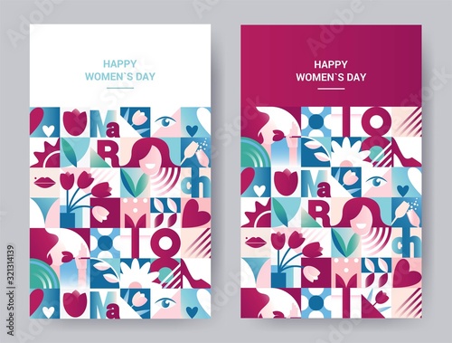 Set of abstract geometric posters for 8 march women`s day celebration with holiday symbols. Seamless  backgrounds for brochures, poster design. Vector illustration