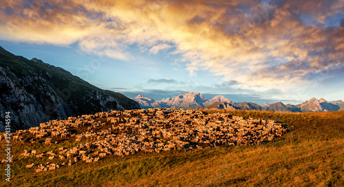 Highmountains farm in Dolomites Alps. Womderful nature landscape with colorful sky during sunset. outdoors agriculture concept. Giau Pass. Dolomites Alps Italy photo