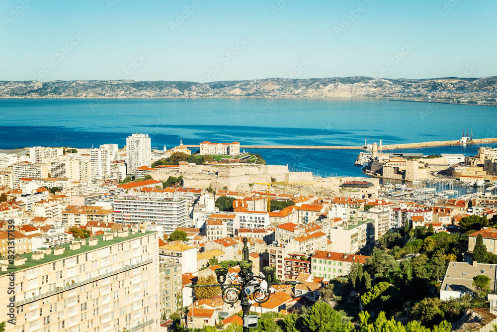 Beautiful view of Marseille from above on a bright sunny day.