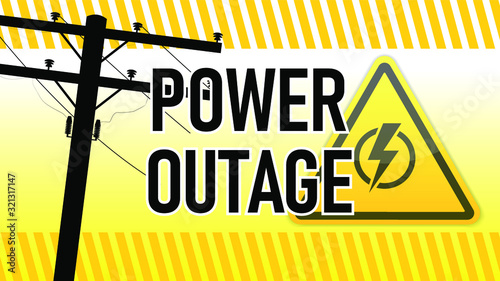 Power outage warning. Yellow and black with electric pillar silhouette . Electricity triangle sign. photo