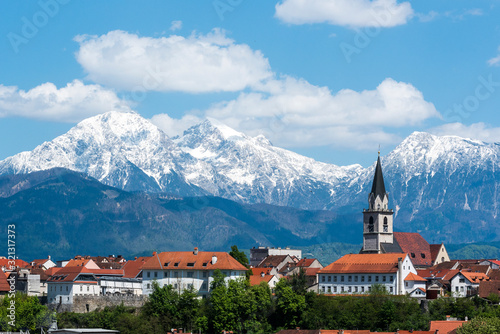 The panoramic view of the city of Kranj, Slovenia with the surrounding mountains (Julian Alps) photo