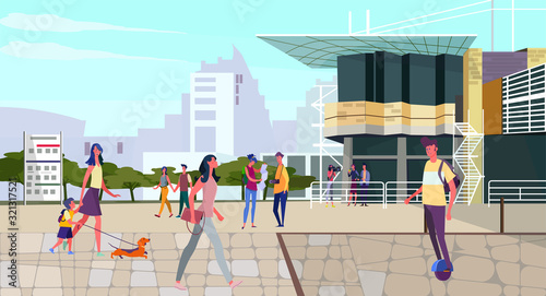 Citizens walking on city square. Crowd, contemporary architecture, urban scooter flat vector illustration. Lifestyle, modern city life concept for banner, website design or landing web page