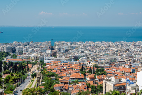 Top view of Thessaloniki Greece and the blue Aegean Sea at sunny summer day.