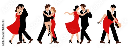 Vector set of couples dancing passionate tango. A woman in a red dress, a man in a black suit. Four couples for design and print of poster, postcard, logo.