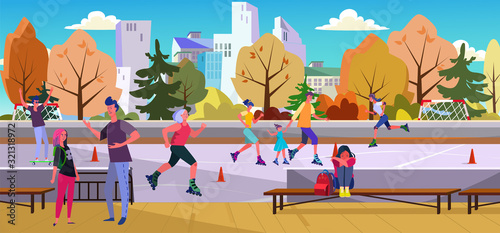 Depressed unhappy teenagers at skate park. Roller skating, angry shouting father, outside flat vector illustration. Toxic parents, teen problems concept for banner, website design or landing web page