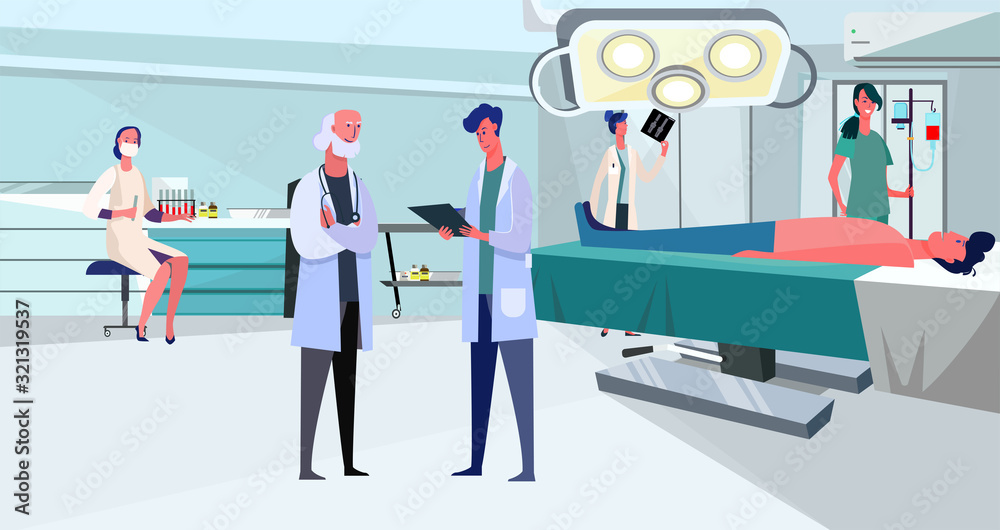 Doctors working in surgery room. Patient, nurse, team flat vector illustration. Hospital, surgeon, operation concept for banner, website design or landing web page