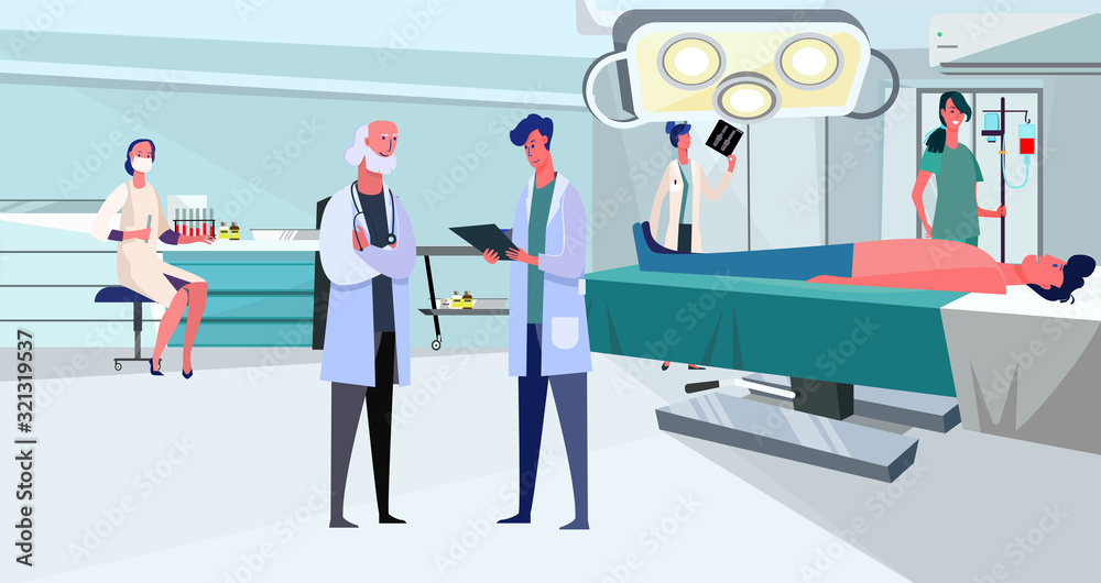 Doctors working in surgery room. Patient, nurse, team flat vector illustration. Hospital, surgeon, operation concept for banner, website design or landing web page Doctors working in surgery room. Patient, nurse, team flat vector illustration. Hospital, surgeon, operation concept for banner, website design or landing web page